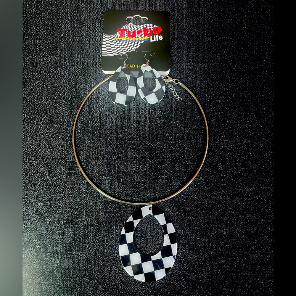 Turbo Life Cuff Choker Earring Set B&W Checkered Lg Teardrop Acrylic Silver NWT